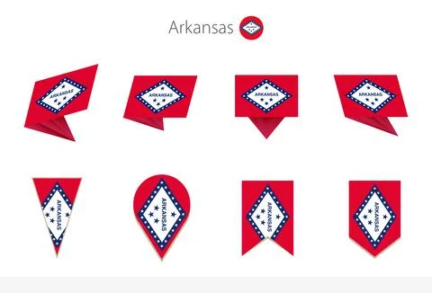 Arkansas US State flag collection, eight versions of Arkansas vector flags. Stock Illustration