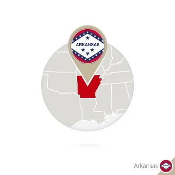 Arkansas US State map and flag in circle. Map of Arkansas, Arkansas flag pi.. Stock Illustration