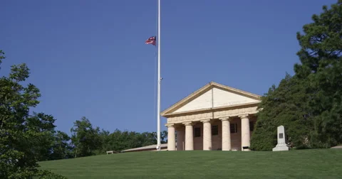 Arlington House (Robert E. Lee Memorial) with flag at half-staff, seen from Video stock 59251695