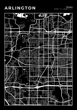 Arlington Map Wall Art Frame, Cartography Map Print, City Layout Map Stock Illustration