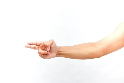 Arm and hand making a pointing gesture on an isolated white background Stock Photos