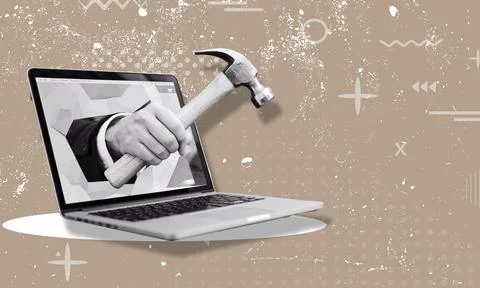 Arm with a hammer emerging from laptop screen on abstract background. Stock Illustration