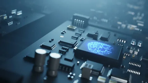 The arm of the manipulator inserts a chip on the chip with the effect of mani Stock Footage 226443090