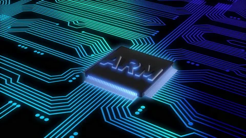 ARM microprocessor on a Electrical circuits board - blue Vídeo Stock 147715101