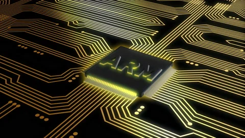 ARM microprocessor on a Electrical circuits board - yellow Stock Footage 147715103