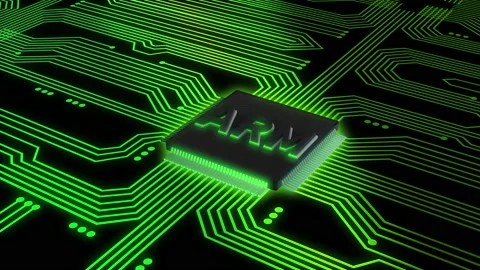 ARM microprocessor on a Electrical circuits board - green Stock Footage 147715105