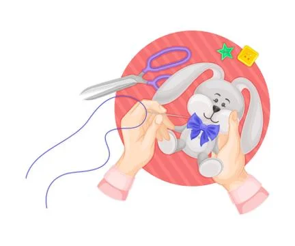 Arm Sewing Stuffed Toy Hare Holding Needle and Thread Vector Illustration Stock Illustration