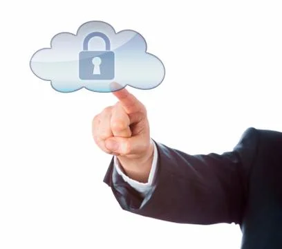 Arm In Suit Pointing At Secured Lock In Cloud Icon Stockillustratie