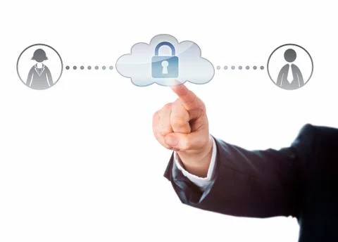 Arm Touching Locked Cloud Linked To Two Workers Stock Photos