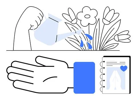 Arm waters blooming flowers open palm with gym progress journal displaying he Stock Illustration