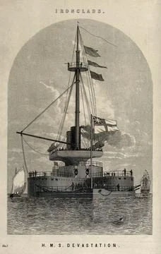 Armaments: an ironclad battleship, H.M.S. Devastation. Engraving, c.1861. Stock Illustration