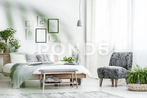 Armchair and fern in bedroom Stock Photos