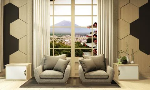 Armchair on modern room interior with hexagon tiles wooden on wall. 3D render Ilustração Stock