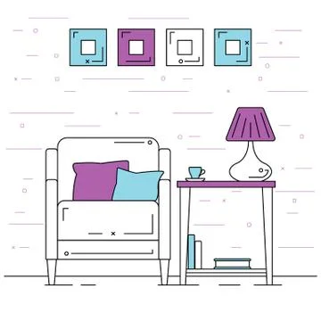 Armchair with pillows, a table with a table lamp. Vector illustration Stock Illustration