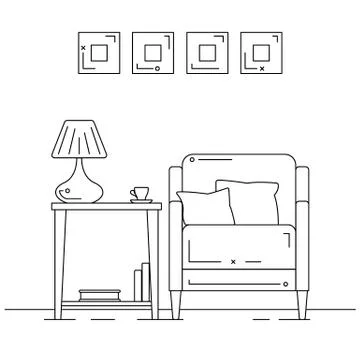 Armchair with pillows, a table with a table lamp. Vector illustration Stock Illustration