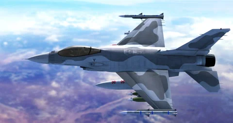 Armed combat fighter jet flying above remote landscape. Video stock 328665688