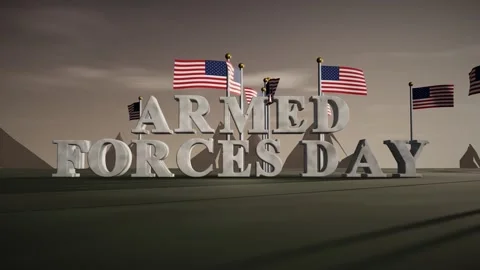 Armed Forces Day Pale Granite 3D Letters with Rows of American Flags in a Cold Stock Footage 343191585