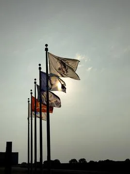Armed Forces flags flying in the wind at war memorial Stock Photos