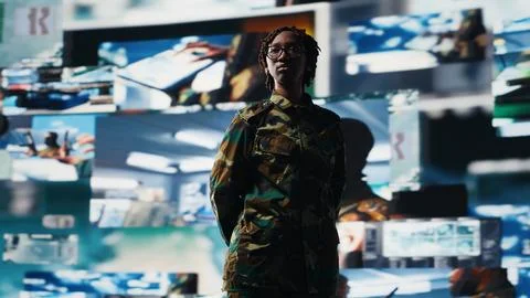 Armed forces operator looking at battlefield communication network feeds Stock Photos