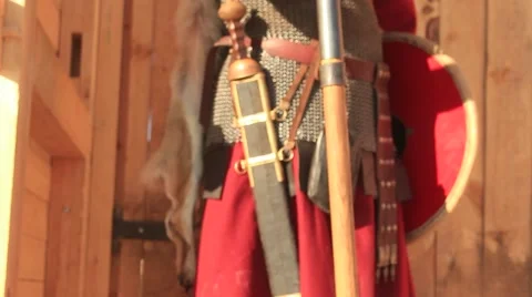 Armed Gate Keeper with the Shield, Sword and Stick is Defending Entrance Stock Footage 57213404
