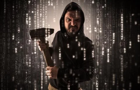 Armed hacker in cyber security cloud concept Stock Photos