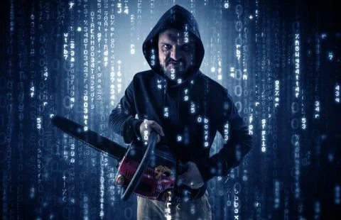 Armed hacker in cyber security cloud concept Stock Photos