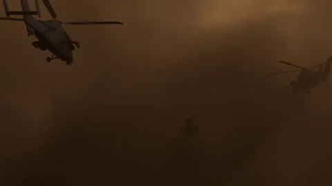 Armed helicopters fly in formation through dust storm animation Stock Footage 274874083