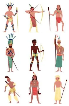 Armed native people set, American Indian, African tribe member, Australian 스톡 일러스트