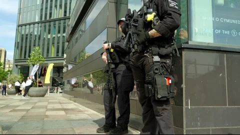 Armed police with automatic weapons patrol outside Oasis reunion concert Stock Footage 312470143