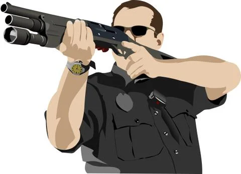 Armed policeman preparing to shoot with automatic rifle. vector  illustration Stock Illustration