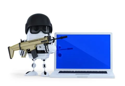 Armed robot with laptop. Techology security concept. Isolated 스톡 일러스트