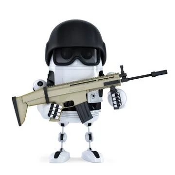 Armed robot. Techology security concept. Isolated on white background Illustrazione stock