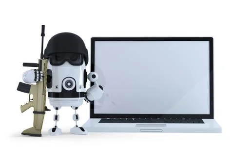 Armed robot wih blank screen laptop. Thechology protection concept. Isolated Stock Illustration