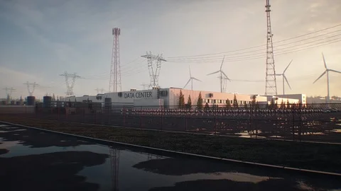 Armed Robots March in Formation Near Data Center, AI Uprising Stock Footage 336345673