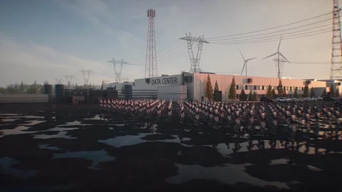 Armed Robots March in Formation Near Data Center, AI Uprising Video stock 336345678