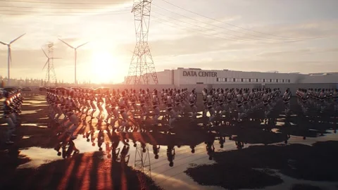 Armed Robots March in Formation Near Data Center, AI Uprising Video stock 336345699