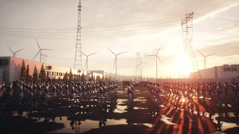 Armed Robots March in Formation Near Data Center, AI Uprising Video stock 336345700