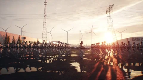 Armed Robots March in Formation Near Data Center, AI Uprising Video stock 336345702