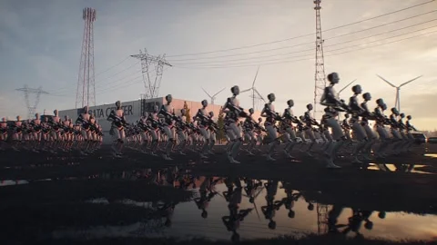 Armed Robots March in Formation Near Data Center, AI Uprising Video stock 336345703