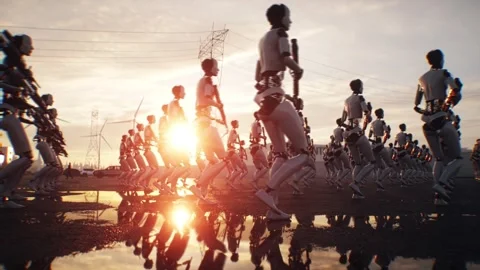 Armed Robots March in Formation Near Data Center, AI Uprising Video stock 336345711