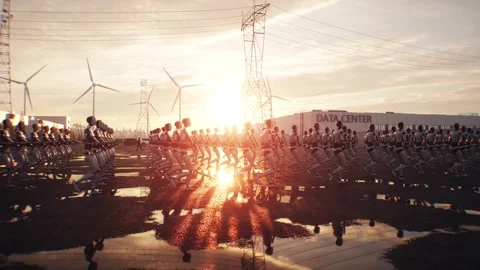 Armed Robots March in Formation Near Data Center, AI Uprising Video stock 336345713