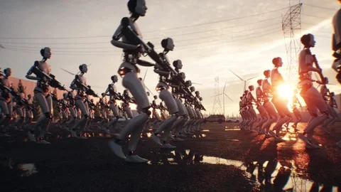 Armed Robots March in Formation Near Data Center, AI Uprising Video stock 336345714