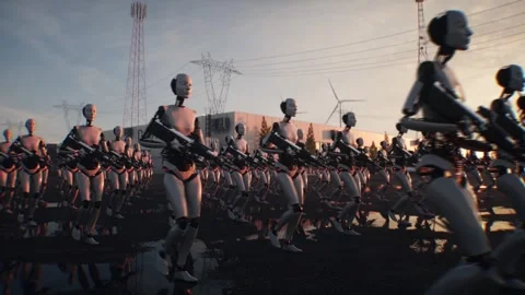 Armed Robots March in Formation Near Data Center, AI Uprising Video stock 336345715