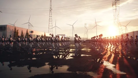 Armed Robots March in Formation Near Data Center, AI Uprising Video stock 336345716