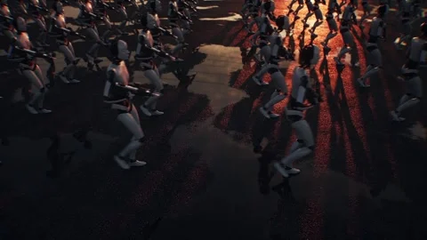 Armed Robots March in Formation Near Data Center, AI Uprising Video stock 336345734
