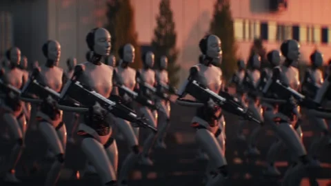 Armed Robots March in Formation Near Data Center, AI Uprising Video stock 336345735