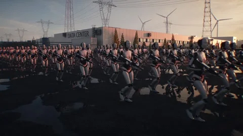 Armed Robots March in Formation Near Data Center, AI Uprising Video stock 336345737