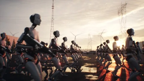 Armed Robots March in Formation Near Data Center, AI Uprising Video stock 336345739