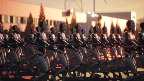 Armed Robots March in Formation Near Data Center, AI Uprising Video stock 336345740