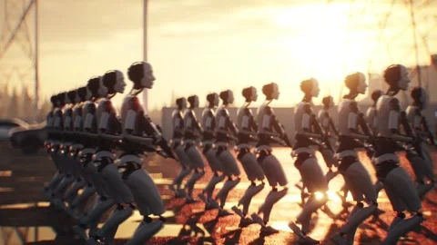 Armed Robots March in Formation Near Data Center, AI Uprising Video stock 336345744